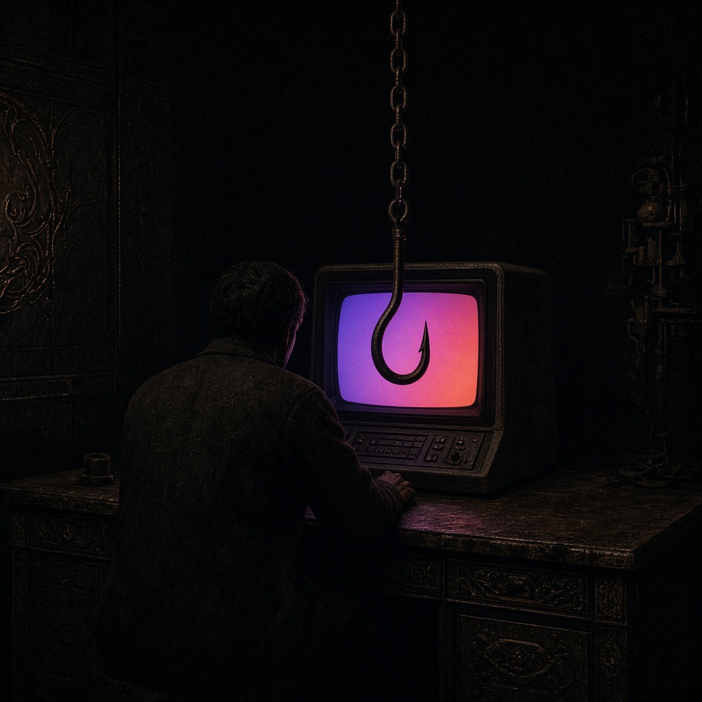 The operator at a terminal, a hook hanging in front of the screen