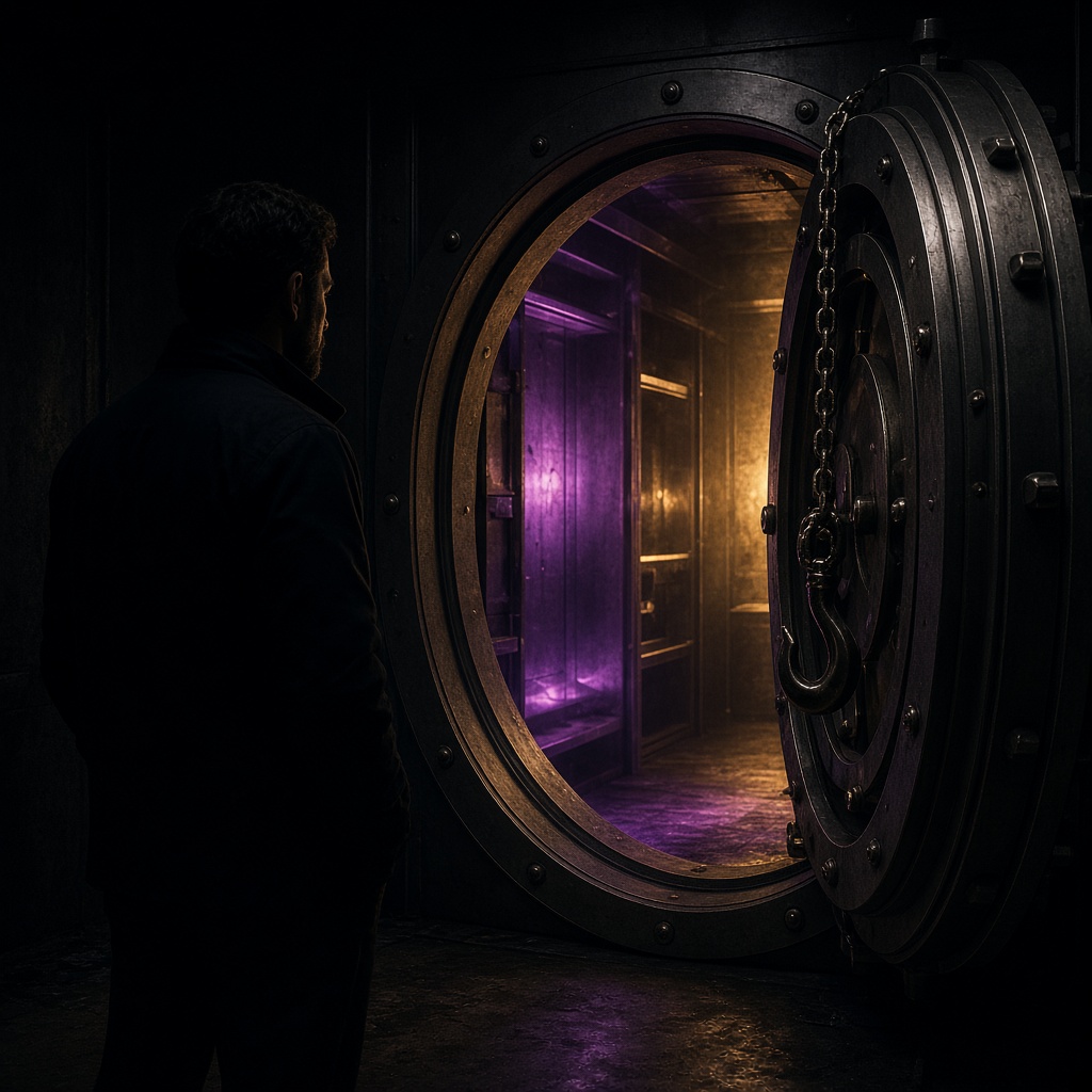 The operator beside an open vault, a hook hanging from the door